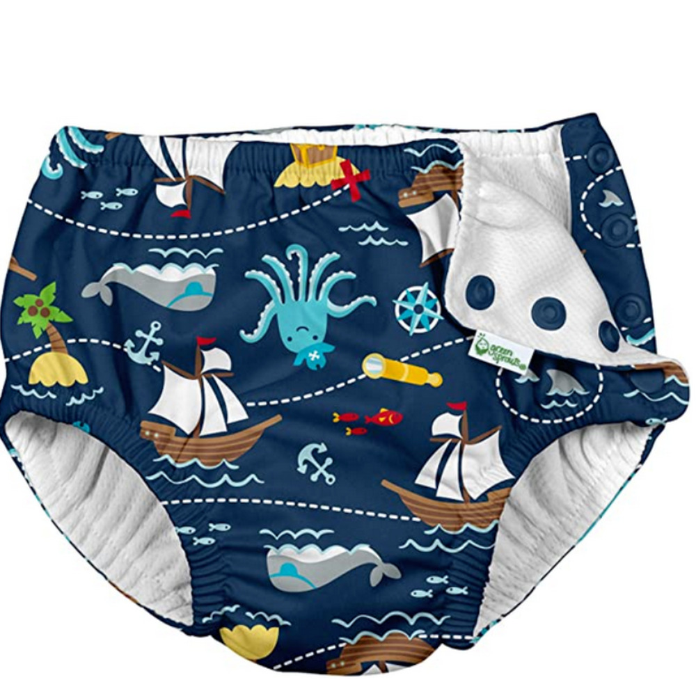 Iplay Baby Snap Reusable Absorbent Swimsuit Diaper Pirate Ship Blue Sz 12M 11444